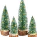 4Pcs Mini Christmas Trees with Light Small Artificial Bottle Brush Trees with Wooden Base Miniature Pine Tree Table Top Decoration for Party Home Xmas Holiday