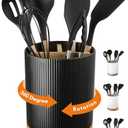 LoeJan 3 Compartment Utensil Holder, Extra Large Utensil Crock, Stable Ceramic Utensil Organizer, Cooking Tool Organizer Set for Kitchen Counter Farmhouse Decor (B-Black(Vertical Stripe))