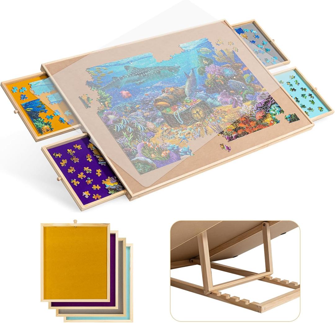 Becko US 1500-Pc Tilting Puzzle Board with 4 Colorful Drawers & Cover, Adjustable Jigsaw Puzzle Table with Built-in Easel/Stand, Portable Tables with Storage for Adults, with Premium Flannel Tabletop