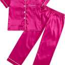 MyFav Girls Pajama Set Silk Button Down Satin Girls PJS Kids Sleepwear Short Sleeve Long Pants,Hot Pink,10Y
