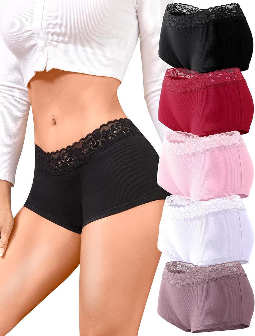 FINETOO Cotton Underwear for Women Boy Shorts Lace Boxer Briefs Soft Full Coverage Womens Panties 5 Pack S