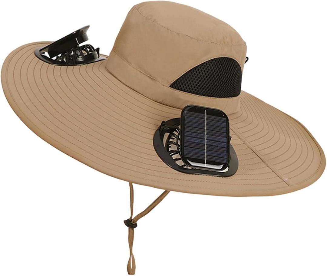 Sun Hat with 2 Detachable Solar Fans, USB Charging Wide Brim Bucket Fan Hat, Strong Wind, Sun Protection for Fishing Summer (Khaki)