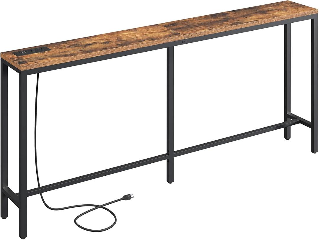 70.9'' Console Table with Power Outlet, Narrow Sofa Table with Charging Station, Skinny Behind Couch Table for Entryway, Hallway, Foyer, Living Room, Rustic Brown CTHR18E01Z1