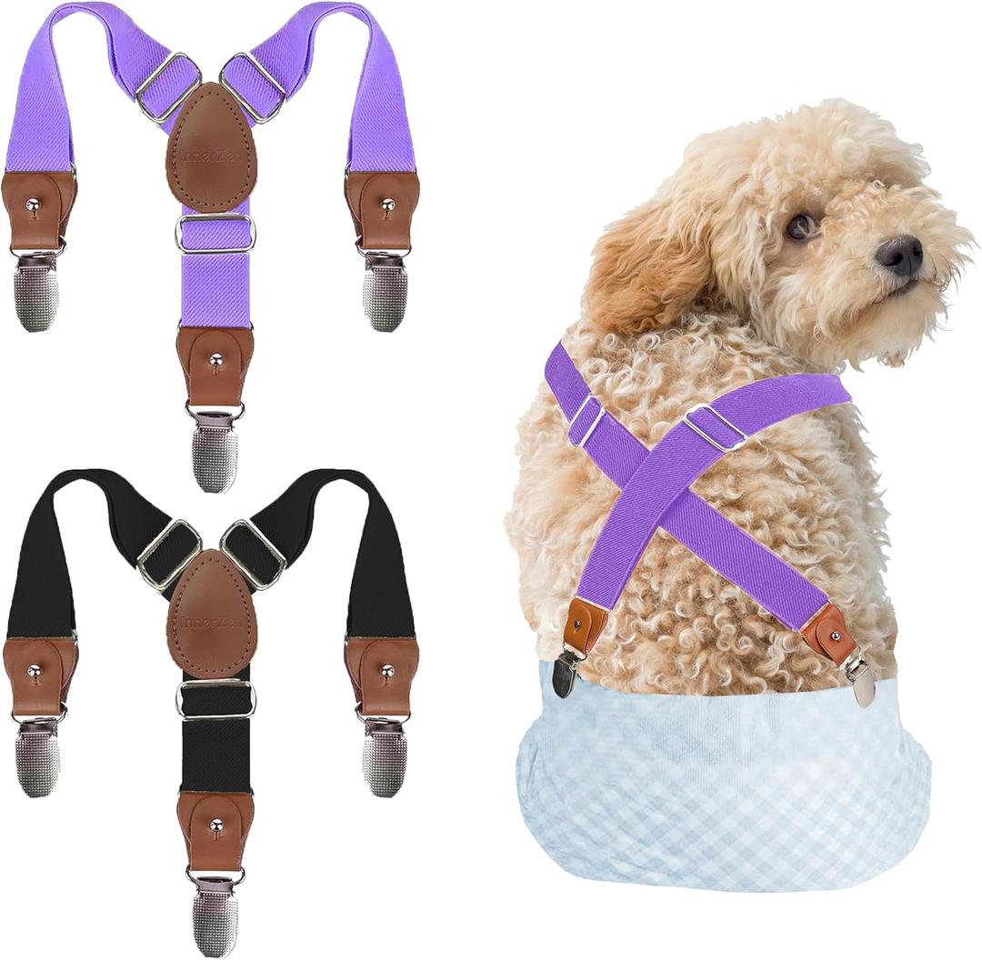 2 Pieces Dog Diaper Suspenders Escape Proof, Adjustable Belly Band for Male Dogs and Diaper Holder for Female Dogs in Heat, Washable & Reusable with 3 Clips(Black&Purple,M/L)