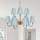 9-Light Gold Chandelier with Blue Fabric Shades, 30" Modern Farmhouse Chandelier Light Fixture for Dining Room, Classic Hanging Ceiling Light for Kitchen Island Bedroom Living Room Entryway