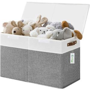 Large Toy Storage Box with Lids, Collapsible Sturdy Baby Storage Organizer Chest Bin Basket for Kids, Boys, Girls, Playroom, Nursery, Bedroom, Closet 25"x13"x16" (Gray and White)