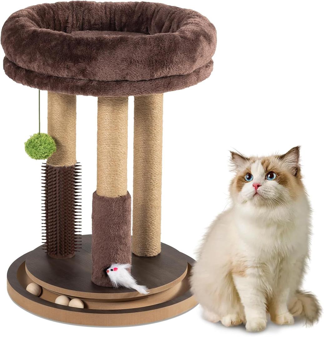 22 Inch Heavy-Duty Cat Scratching Post with Cozy Plush Bed, 3 Sisal Scratching Posts, Interactive Cat Scratcher with Grooming Brush, Hanging Pom-Pom, Track Balls & Mouse Toy for Indoor Cats