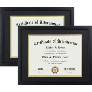 ELSKER&HOME 8.5x11 Certificate Frame - Classic Black Color Frame - Displays Diploma 8.5x11 Inch with Mat - 11x14 Inch Without Mat - For Document/Photo(2 Pack, Matte Black with Gold Rim)