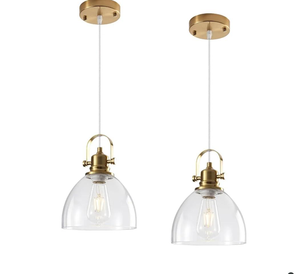 Gold Pendant Lights Kitchen Island 2 Pack, 7.5 inch Farmhouse Glass Pendant Lights, Vintage Gold Glass Pendant Light, Island Pendant Lights for Dining Rooms, Living Room, Bar