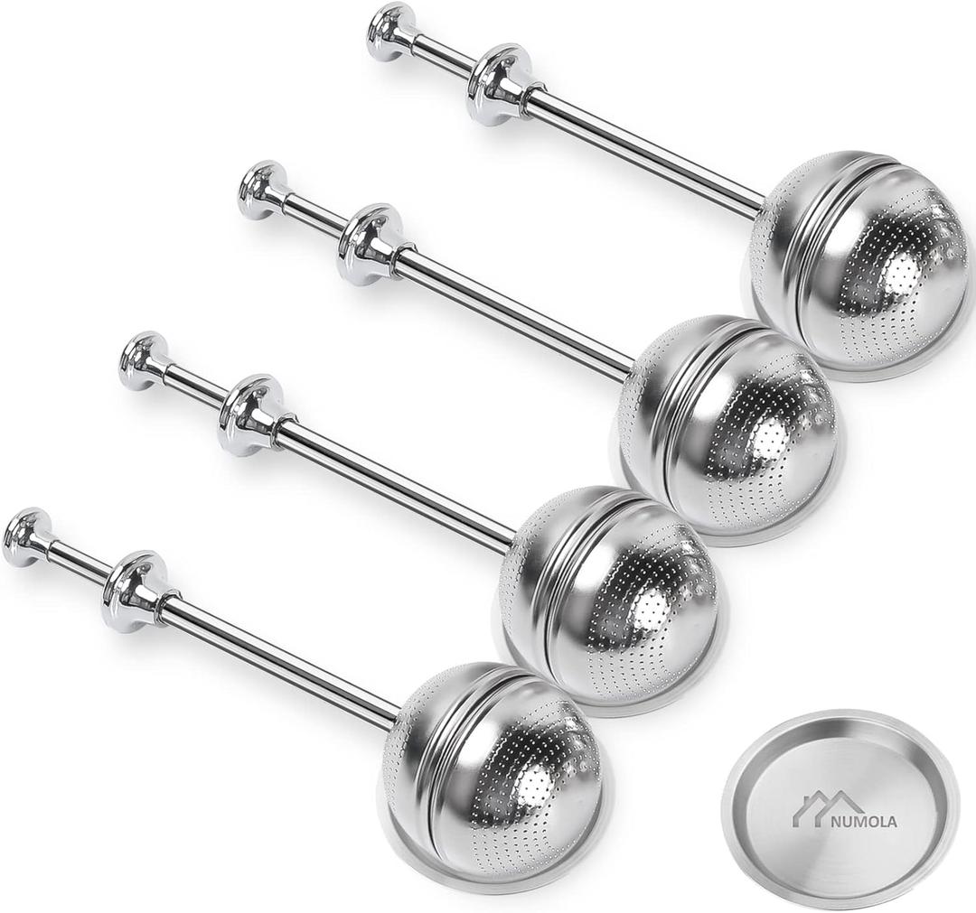Numola Long Handle Tea Ball Stainless Steel with Drip Trays, 4Pcs Premium Tea Infuser Filter for Loose Leaf Tea, Reusable Fine Mesh Tea Infuser Diffuser Strainer for Cup and Teapot