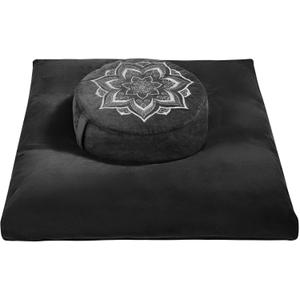 Meditation Zafu Cushion Set with Buckwheat Hulls & Memory Foam - Ergonomic Support for Yoga & Sitting - Removable Machine-Washable Luxury Velvet Cover - for Adults and Kids (Black)