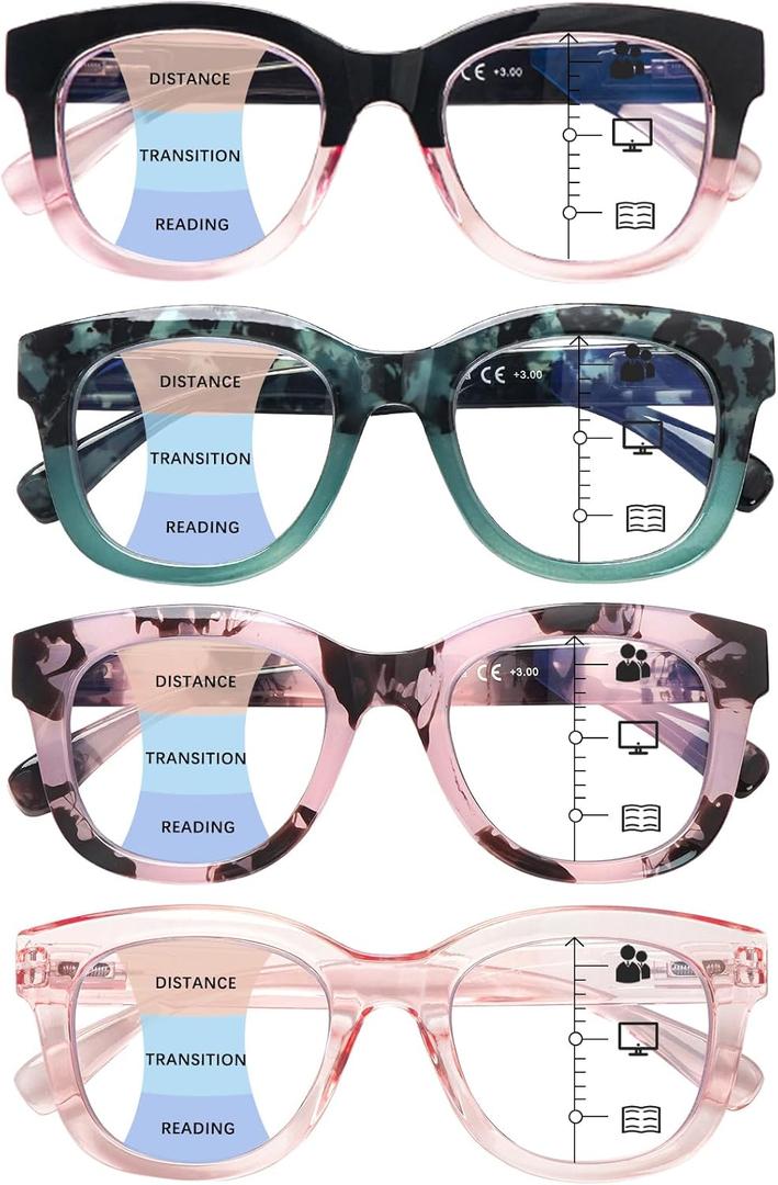 Progressive Multifocus Reading Glasses for Women,Blue Light Blocking Computer Readers with Spring Hinge, 4 Pack Mix 1, 1.75 x