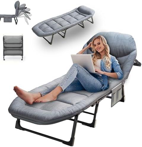 SnozeFlex Chaise Lounge Chair, Folding Cot, 6-Angle Adjustable Camping Cot with Mattress for Patio and Beach, Foldable Bed Portable Heavy Duty Lay Flat Reclining with Pillow (Gray, M - 70'')