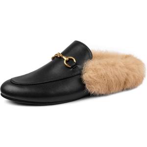 Mules for Women, Round Toe Backless Slip On Mule Flats Loafers Backless Faux Fur Slides Mules Shoes (10.5, New Black Fur)