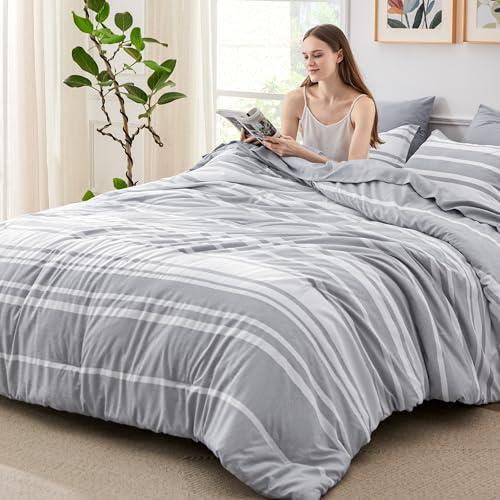 Bedsure Full Comforter Set 7 Pieces, Grey Striped Bedding Set for All Seasons, Reversible, Cationic Dyeing Bed in a Bag with Comforter, Sheets, Pillowcases & Shams