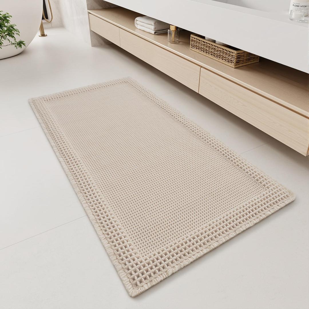 RESARE Waffle Bathroom Runner Rugs, Super Absorbent Bath Mat Non Slip Washable Quick Dry, Upgraded Ultra Soft Boho Bath Rugs with Tassels for Hallway Bedroom Laundry Room, 2'x4'(24"x48"), Pale Beige