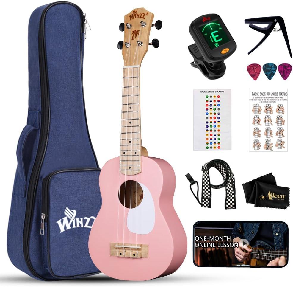 WINZZ Soprano Ukulele for Beginners, 21 Inch Hawaiian Wood Ukelele Kit for Kids Adult Student Starter, Professional Uke Pack Bundle w/Free Lessons, Case, Pickguard, Capo, Strap, Picks, Pink