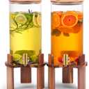 2 PCS 1.5 Gallon Glass Drink Dispenser, Beverage Dispenser With Wood Stand, Lid and Stainless Steel Spigot, Large Water Dispenser for Parties, Perfect for Lemonade, Juice, Tea and Daily Drinks