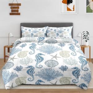 Queen Size Bedroom Comforter Set with 2 Pillowcases, Ocean Marine Life Sea Shells Theme, Bedding Decor Tropical Shellfish Seahorse Seashells Starfish Coral Soft Cozy Bed Set for Kids Adults