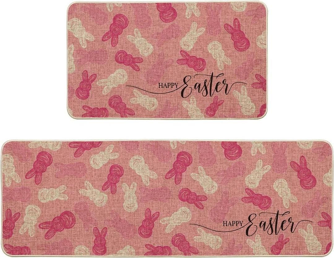 Artoid Mode Pink Bunny Happy Easter Kitchen Mats Set of 2, Home Seasonal Spring Easter Holiday Holiday Party Floor Mat - 17x29 and 17x47 Inch