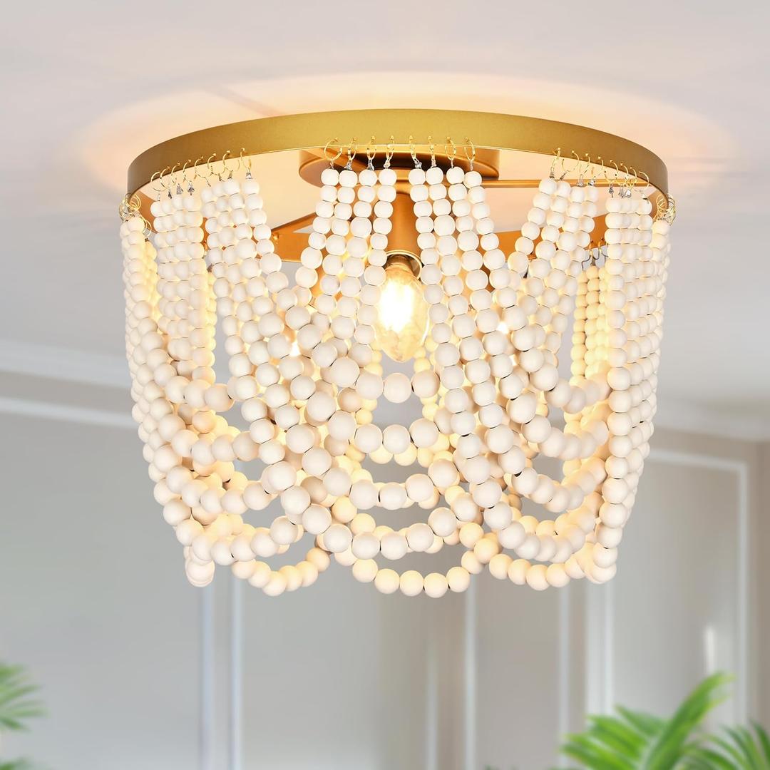 3-Light 12.6" Boho Wood Beaded Flush Mount Ceiling Light for Bedroom,2-Mode Adjustable Beaded Chandelier,Boho Chandelier Coastal Semi Flush Mount Ceiling Light for Entryway Hallway kitchen