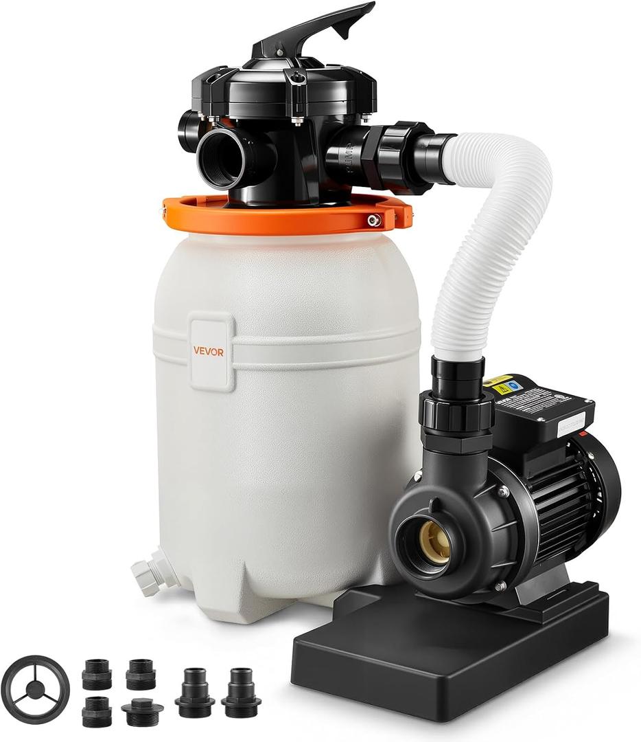 VEVOR 10 in Sand Filter Pump for Above Ground Pool, 0.33 HP 3000 GPH, Swimming Pool Sand Filter Pump with Pre-Assembled Core & Leak-Resistant Design, 6-Way Valve, High-Efficiency Filtration for Pools