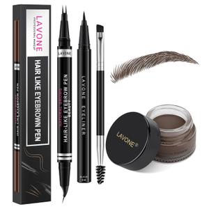 LAVONE Hair-Like Eyebrow Pen Makeup kit, Eyebrow Pencils for Women with Waterproof Microblading Eyebrow Pencil, Eyebrow Pomade, Eyeliner and Eyebrow Brush, Create Full, Natural Brows, Black Brown
