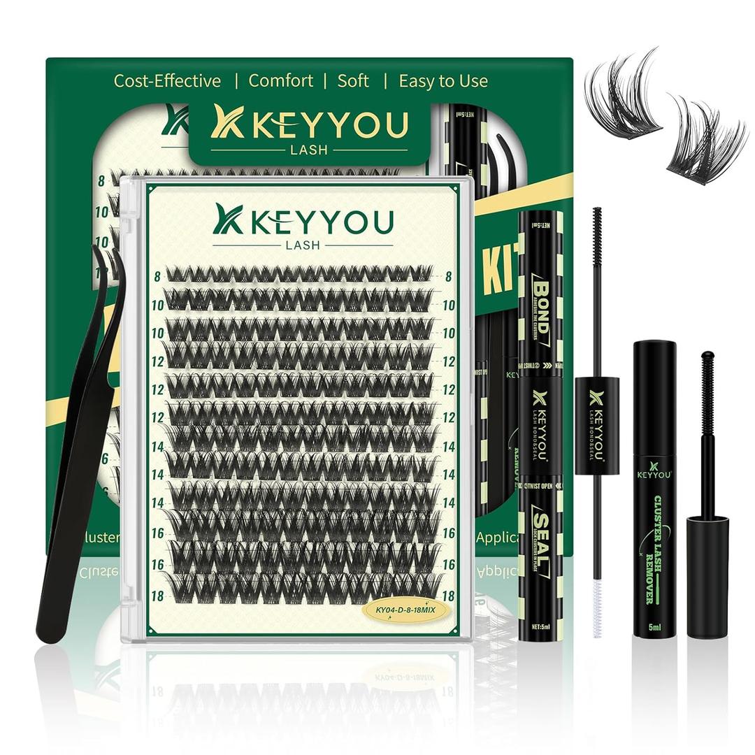 KEYYOULASH Lash Clusters Kit Volume 144pcs 8-18MIX Lash Extension Kit Thick Lash Clusters D curl with Bond and Seal,Remover,Applicators for DIY Thin Band Eyelash Clusters at Home (KY04 Kit)