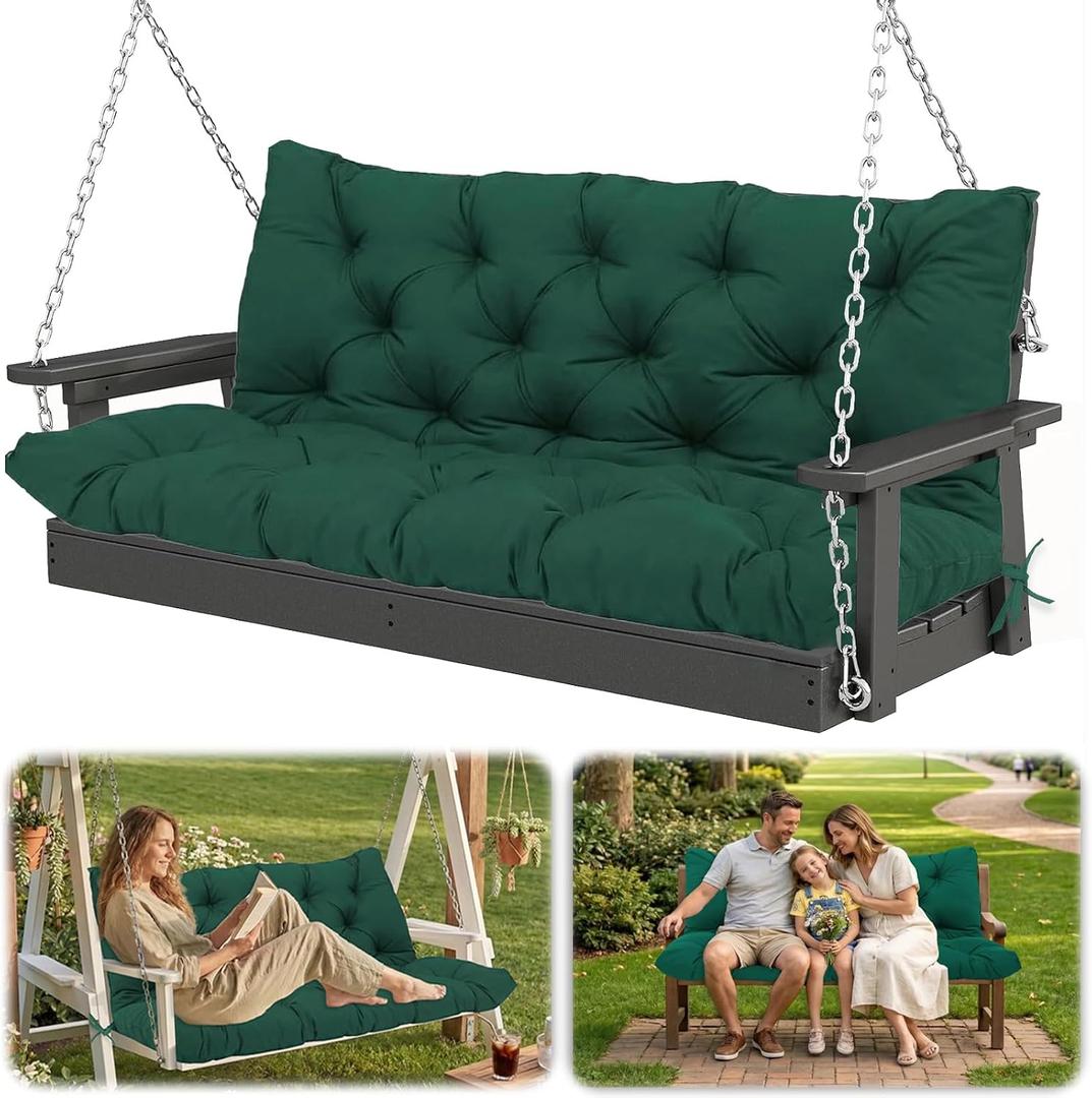Waterproof Porch Swing Cushion Replacement, Thick 2–3 Seat Swing Seat Cushion with Backrest & Ties, Outdoor Bench Cushion for Patio Garden Porch Furniture (Dark Green, 60 x 40in)