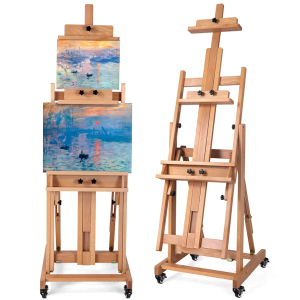 Collapsible Extra- Large Versatile Studio H-Frame Easel, Hold 1 or 2 Canvas up to 91",Adjustable Beech Wood Easel for Painting, Movable & Tilting Flat Floor Art Easel Stand for Artists