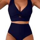 Herseas Women's Textured Bikini Sets Twist Front Top Swimsuits High Waisted Bathing Suits XL, Navy Blue