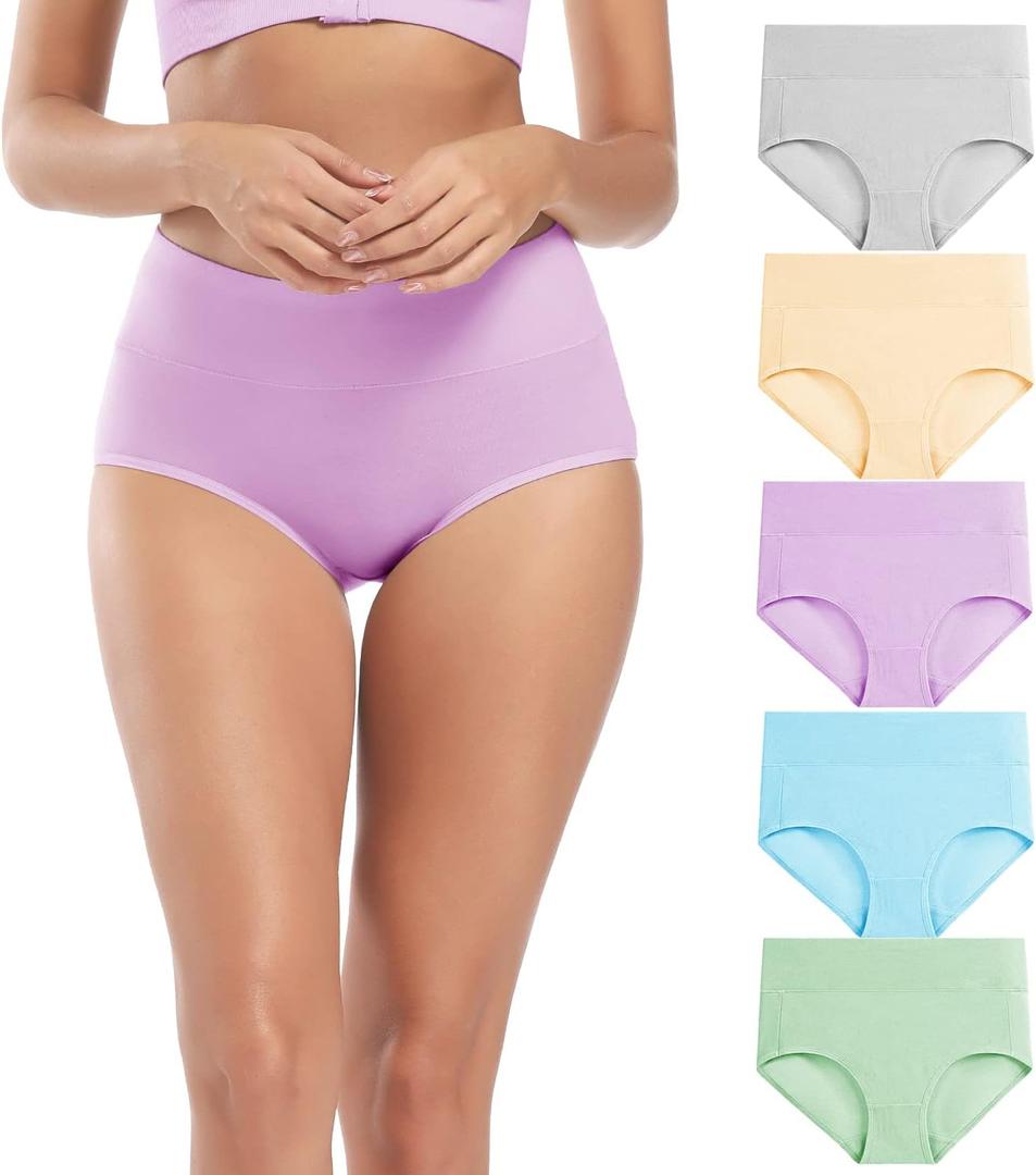 Molasus Women's Soft Cotton Underwear Briefs High Waisted Postpartum Panties Ladies Full Coverage Plus Size Underpants Pack of 5, Medium