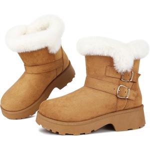 Platform Women's Ankle Winter Boot, Chunky Low Heel Snow Boots With Fashion Buckle Slip-On Cozy Outdoor Short Booties (6)
