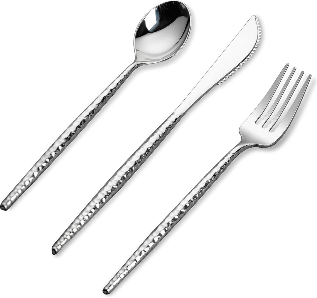 Rubtlamp 90Pcs Silver Plastic Silverware, Hammered Disposable Silverware,Silver Plastic Forks And Spoons, Fancy Plastic Cultery Include 30 Forks, 30 Knives And 30 Spoons for Party