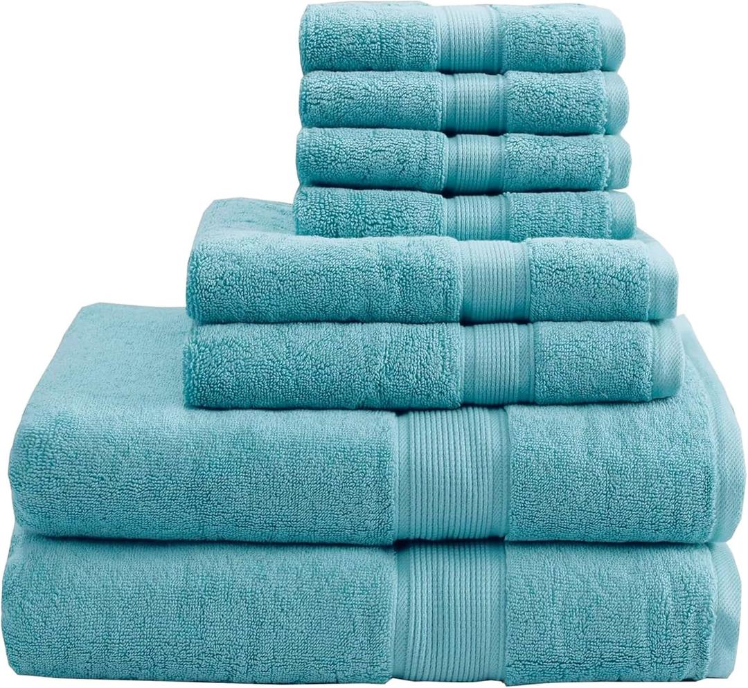 Madison Park 800GSM Bathroom Towel Set of 8 100% Cotton Bath Towel Set for Bathroom Luxurious Highly Absorbent 2 Bath Towels 2 Hand Towels 4 Washcloths Quick Dry Spa Quality Aqua (Multi-Sizes)