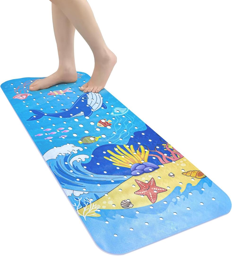 Cartoon Baby Bath Mat for Kids - 40x16 in Extra Long Non Slip Bath Mat with Suction Cups & Drain Holes, Machine Washable (Whale)