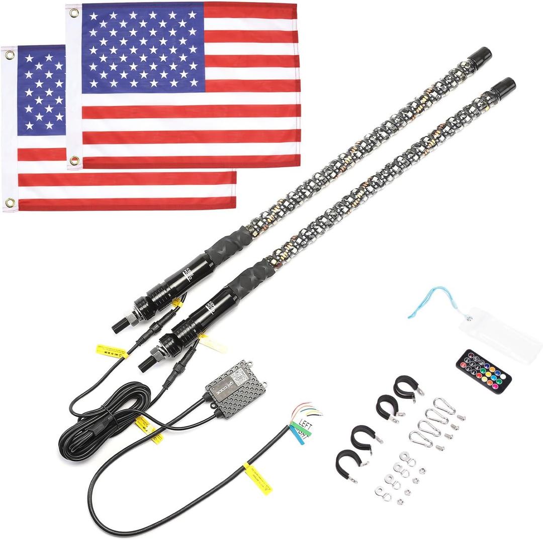 KEMIMOTO 2pc 2ft Spiral Whip Lights for Side by Side, Smart Phone Control LED Whip Lights for UTV ATV Buggy Boat Offroad Compatible with Polaris RZR Can-Am Maverick X3 Sportsman