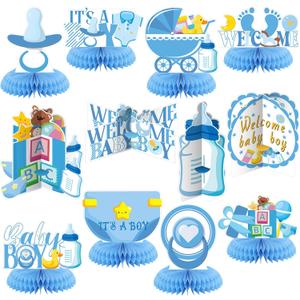 12 Pcs It's a Boy Baby Shower Honeycomb Centerpieces Blue Baby Shower Party Table Decorations Gender Reveal Table Toppers Baptism Decor for Welcome Boy Newborn Photo Props(Classic Style)