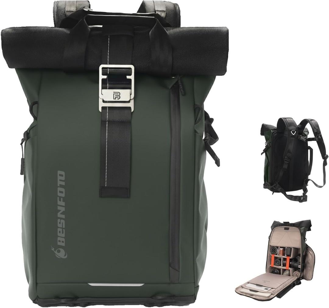 Camera Backpack, Waterproof Travel Camera Bag for Photographer Expandable Roll Top Photography Case for DSLR SLR Mirrorless Camera Fit up to 15.6 inch Laptop with Rain Cover, Large