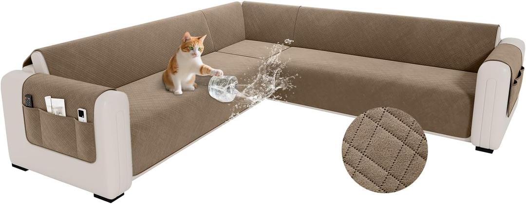 Waterproof L Shaped Couch Cover for Sectional Sofa Velvet Quilted Corner Sofa Cover L Shape Furniture Protector Slipcover Set with Non Slip Straps for Pets Dogs Kids (XX-Large, Light Brown)