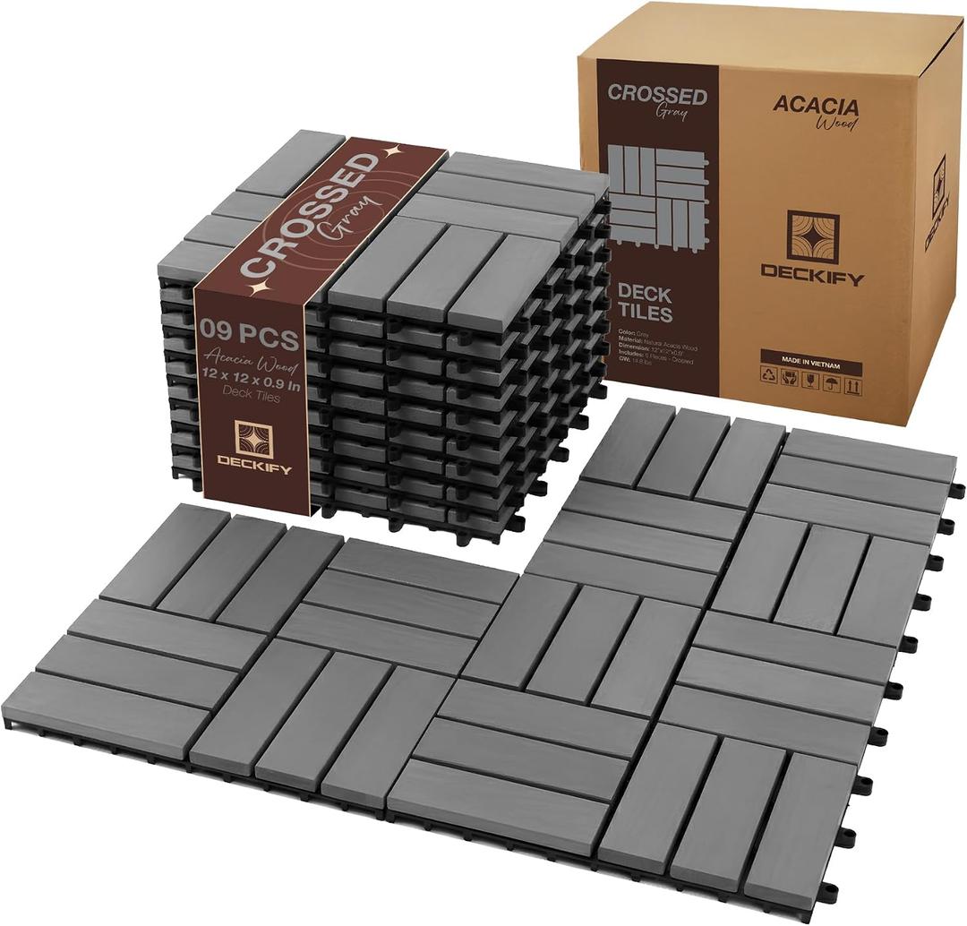 9Pcs Acacia Wood Interlocking Patio Deck Tiles, 12 x 12 x 0.9 Inch Outdoor Flooring, Waterproof for All-Weather Use Crossed, Gray