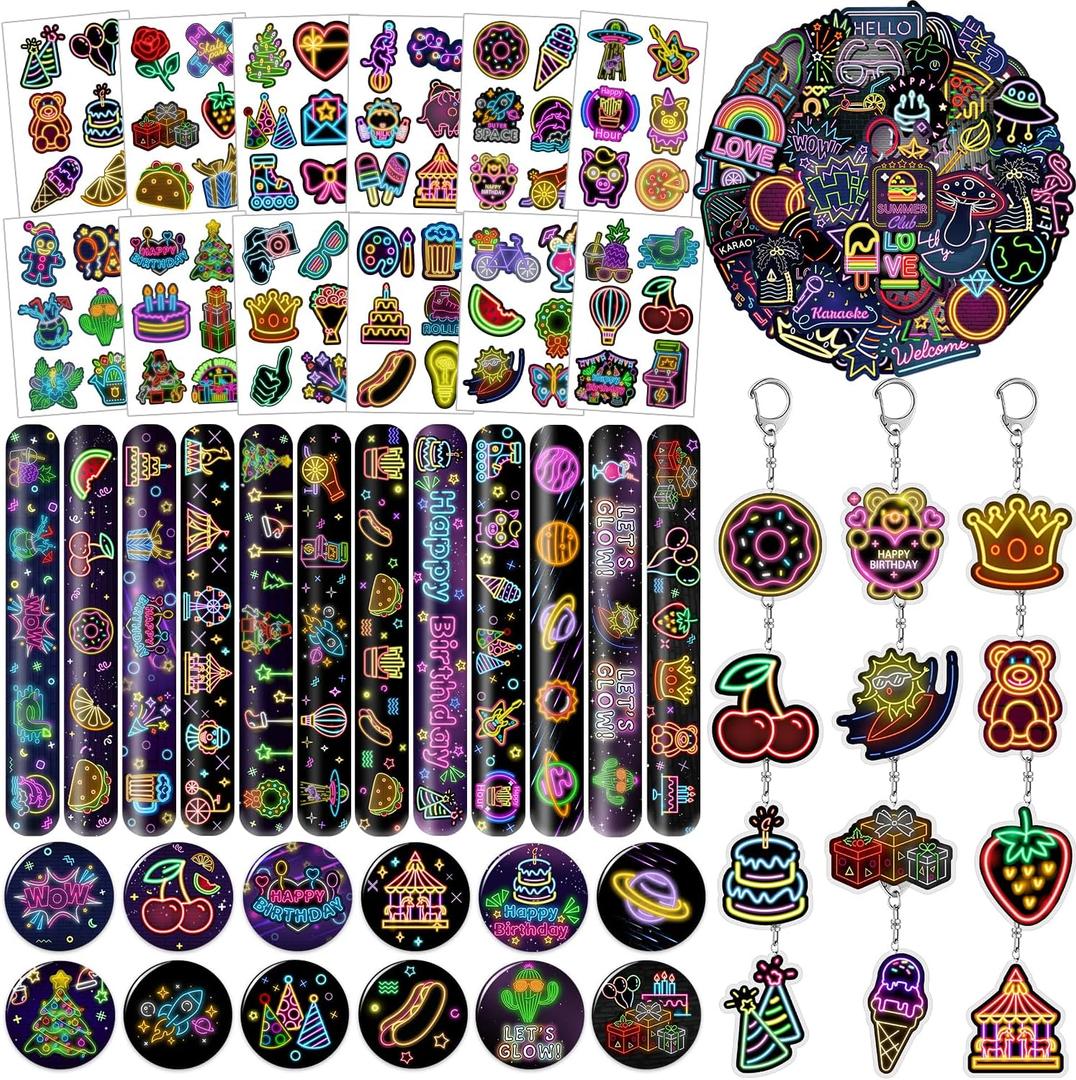 98 PCS Neon Party Favors, Neon Temporary Tattoos Slap Bracelets Stickers Badges Keychains for Neon Birthday Party Decorations Supplies for Classroom Rewards