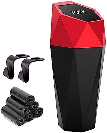 Ginsco Car Trash Can Cup Holder, Mini Car Trash Can with Lid, Car Accessories for Interior, Leakproof Small Trash Cup for Car, Home with Additional 2 ABS Hooks and 90pcs Trash Bags Red