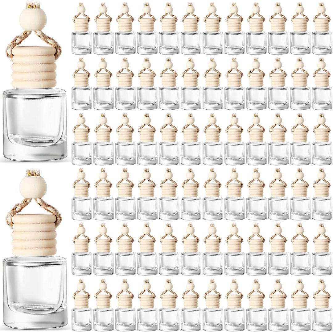 BBTO 100 Pcs Car Air Fresheners Diffuser with Wooden Empty Aromatherapy Diffuser Clear Fragrance Holder Pendant Hanging Perfume Fresheners Bottles for Car Decor(Clear Classic)