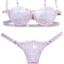 Lilosy Sexy Eyelash Underwire Floral Lace Sheer O Ring Linked Cutout Lingerie Set,M