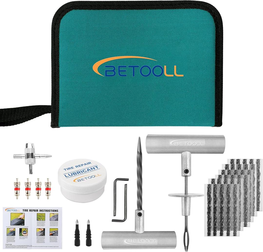 BETOOLL 44pcs Tire Repair Kits,Tire Plug Repair Tools for Car, Motorcycle, Jeep, RV, ATV,SUV, Truck, Trailer,Tractor, Lawn Mower (05- 44pcs (Classic Green))