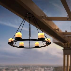 Outdoor Chandelier Solar, Hanging Candle Lantern with 7pcs Solar Powered Votive Lights in Matt Black Finished Metal Candle Holders for Home, Garden, Backyard, Pergola, Gazebo, Tree, Window Decor