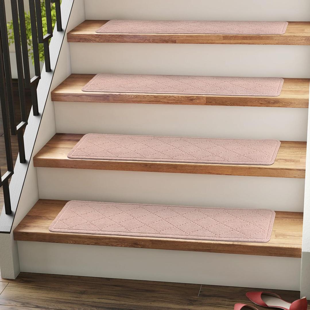 RIOLAND Carpet Stair Treads for Wooden Steps Indoor 9" x 36" Non Slip Stair Treads for Wood Stair with Reusable Adhesive, 15 Pack Peel and Stick Stair Runner for Kids Elders and Dogs, Diamond Beige