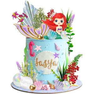 Mermaid Cake Toppers - Under the Sea Tail Cake Decorations with Artificial Water Plants & Pearl Balls for Girl Kid Birthday Party & Baby Shower Supplies (Style 1)