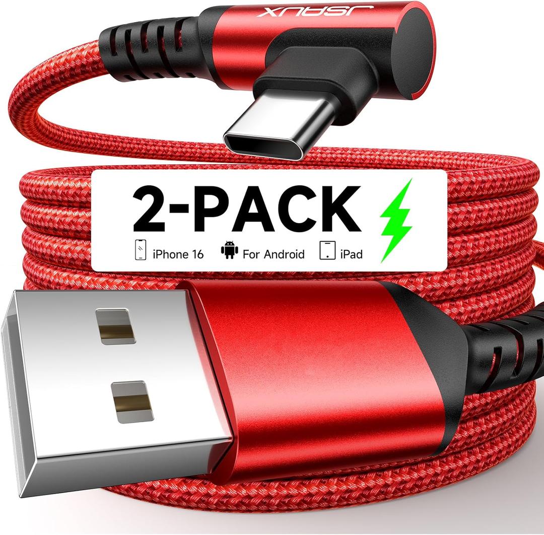 JSAUX USB C Cable [2-Pack 10ft], 3.1A Type C Charger Fast Charging Cord Right Angle Compatible with iPhone 16e 16 15 Pro Max Plus, Samsung Galaxy A14 A15 A25 A35 A53 A55, S25 S24 S23, CarPlay -Red